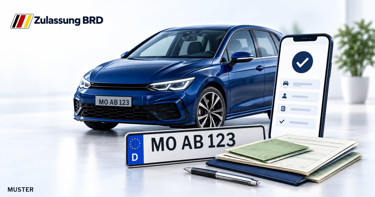 Online Fahrzeugzulassung in Schermbeck: Musterkennzeichen MO AB 123, Auto und Fahrzeugpapiere und Smartphone. Illustration mit Logo von Zulassung BRD.